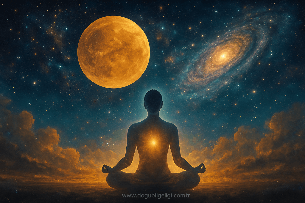 Raja Yoga sessizliği ve içsel ışığı temsil eden sürreal meditasyon görseli