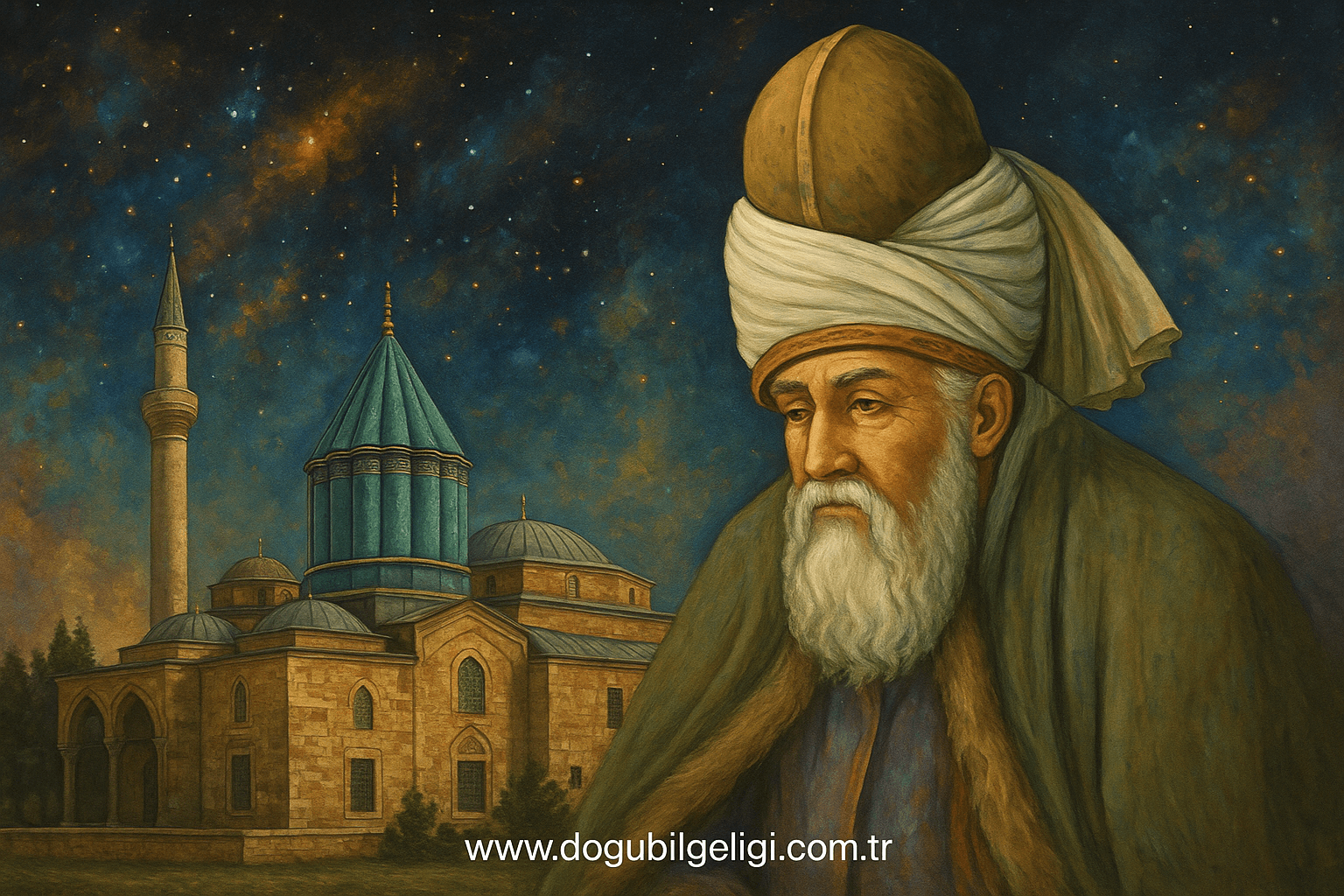 Mevlânâ ve Konya’daki türbesi önünde kozmik arka planlı sürreal illüstrasyon
