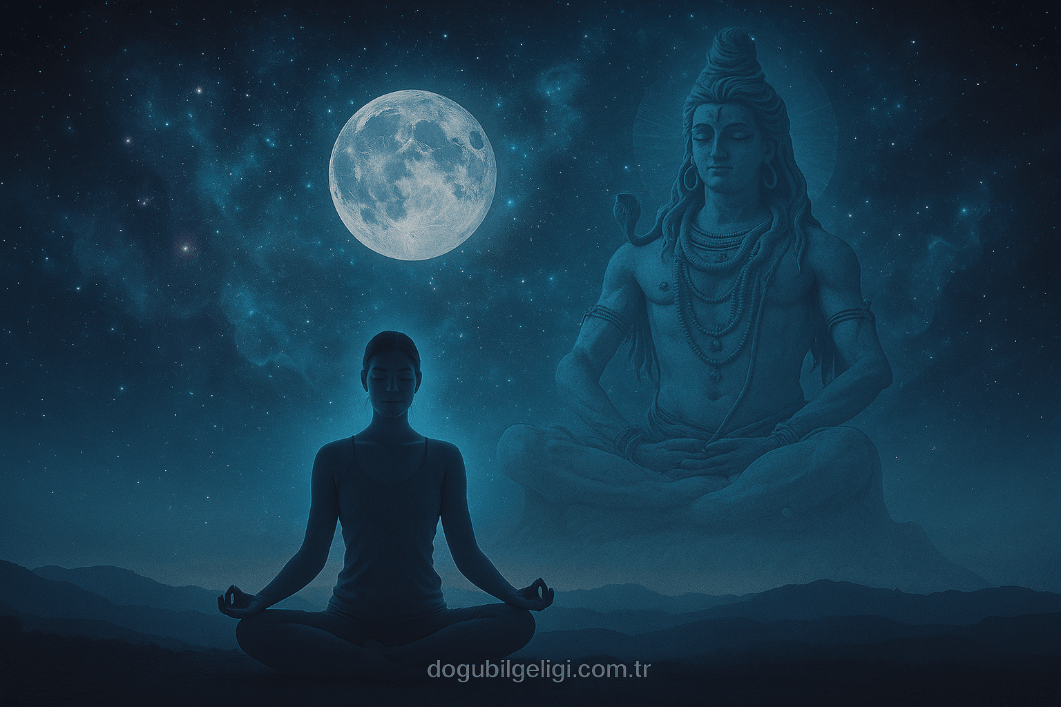 Shiva’nın kozmik varlığı eşliğinde meditasyon yapan kadını gösteren Raja Yoga temalı görsel
