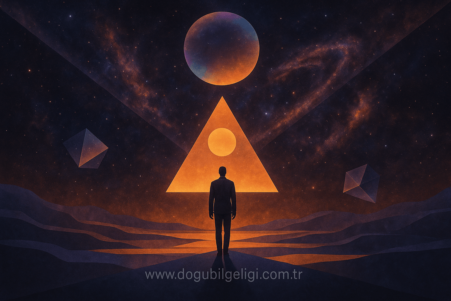 Holo eylem ve mekânsızlık temasını yansıtan sürreal kozmik kolaj görseli