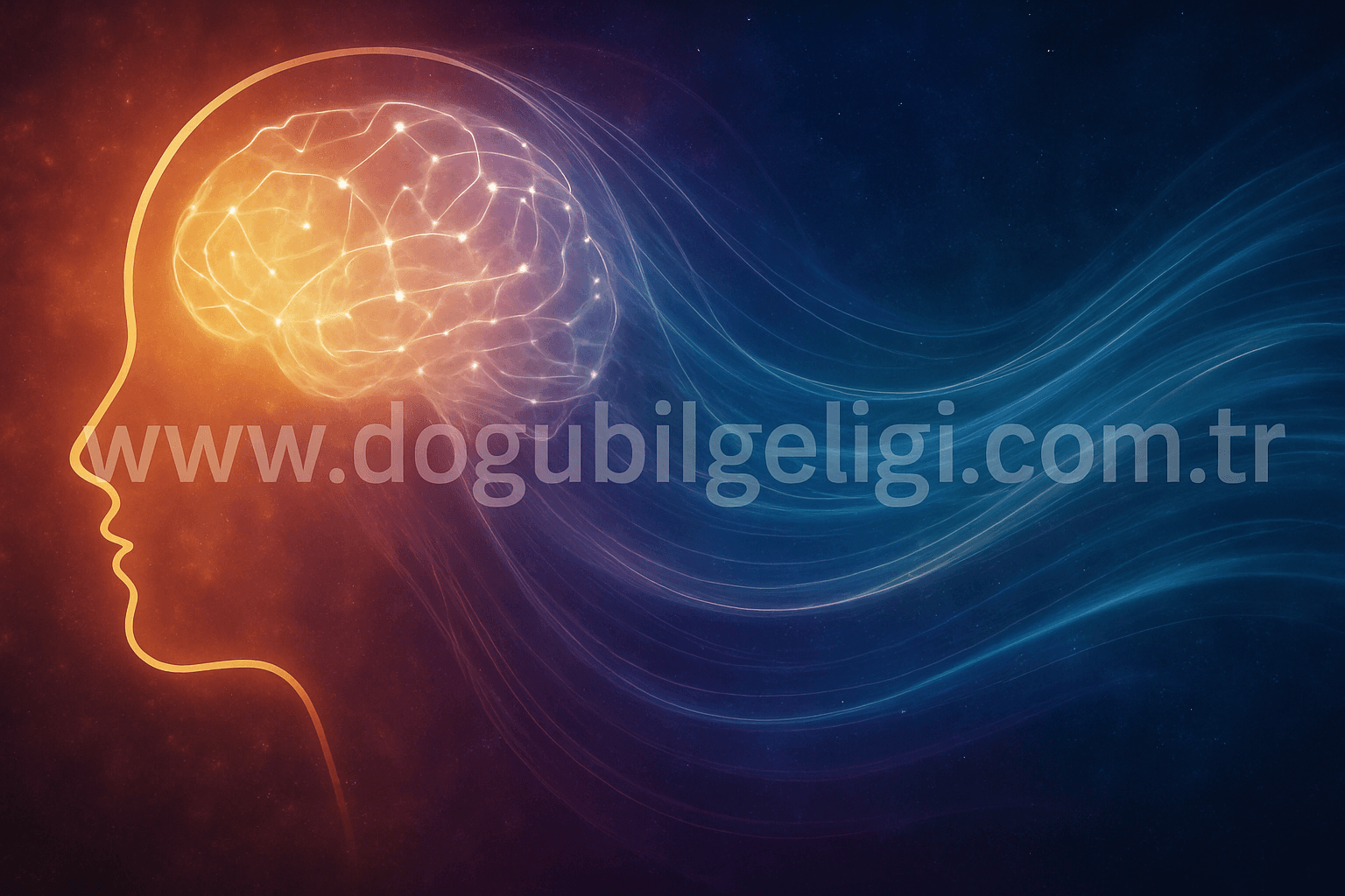 Düşünce gücünün enerjiye dönüşmesini ve evrenle etkileşimini anlatan soyut beyin temalı illüstrasyon