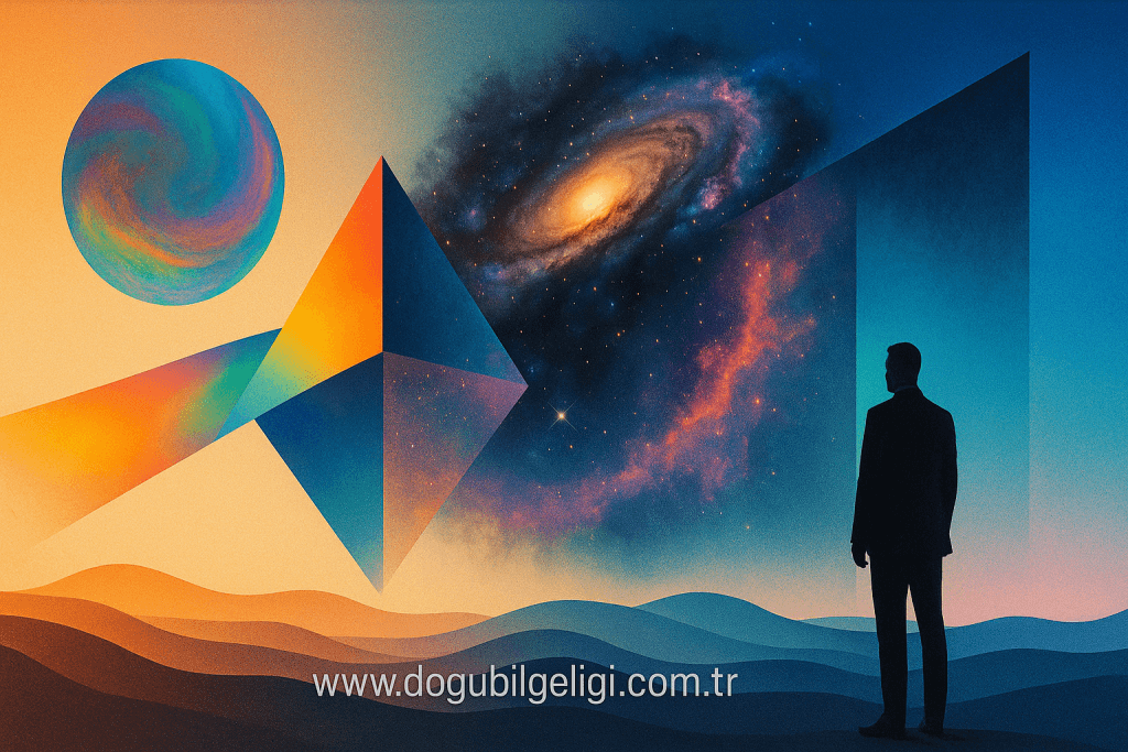 Holo eylem ve mekânsızlık üzerine kozmik ve geometrik sembollerle hazırlanmış görsel