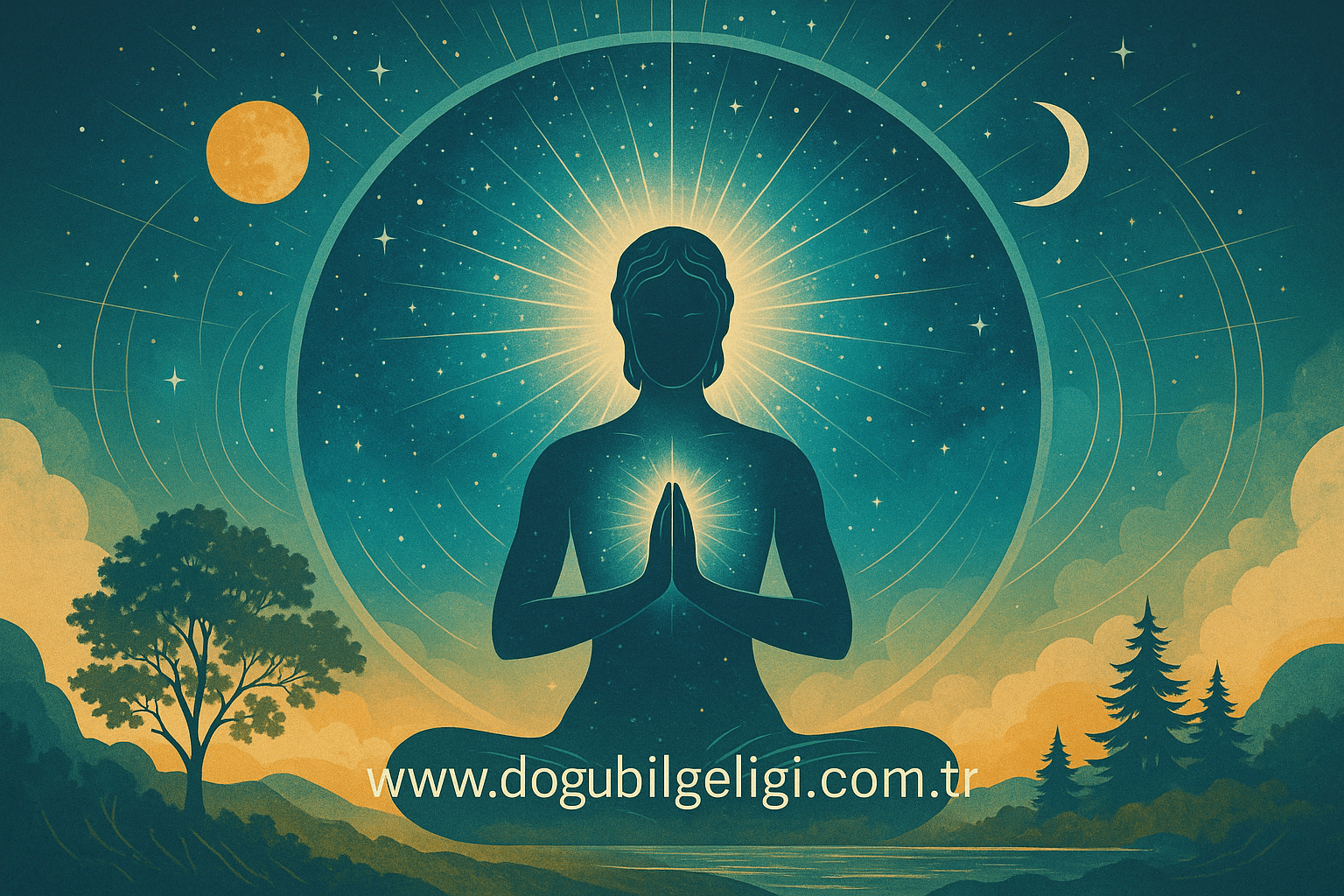 Holistik Birlik temasını işleyen bu dijital illüstrasyon, meditasyon halindeki bir figürü kozmik bir arka plan eşliğinde betimleyerek evrensel uyumu ve içsel dengeyi simgeler.