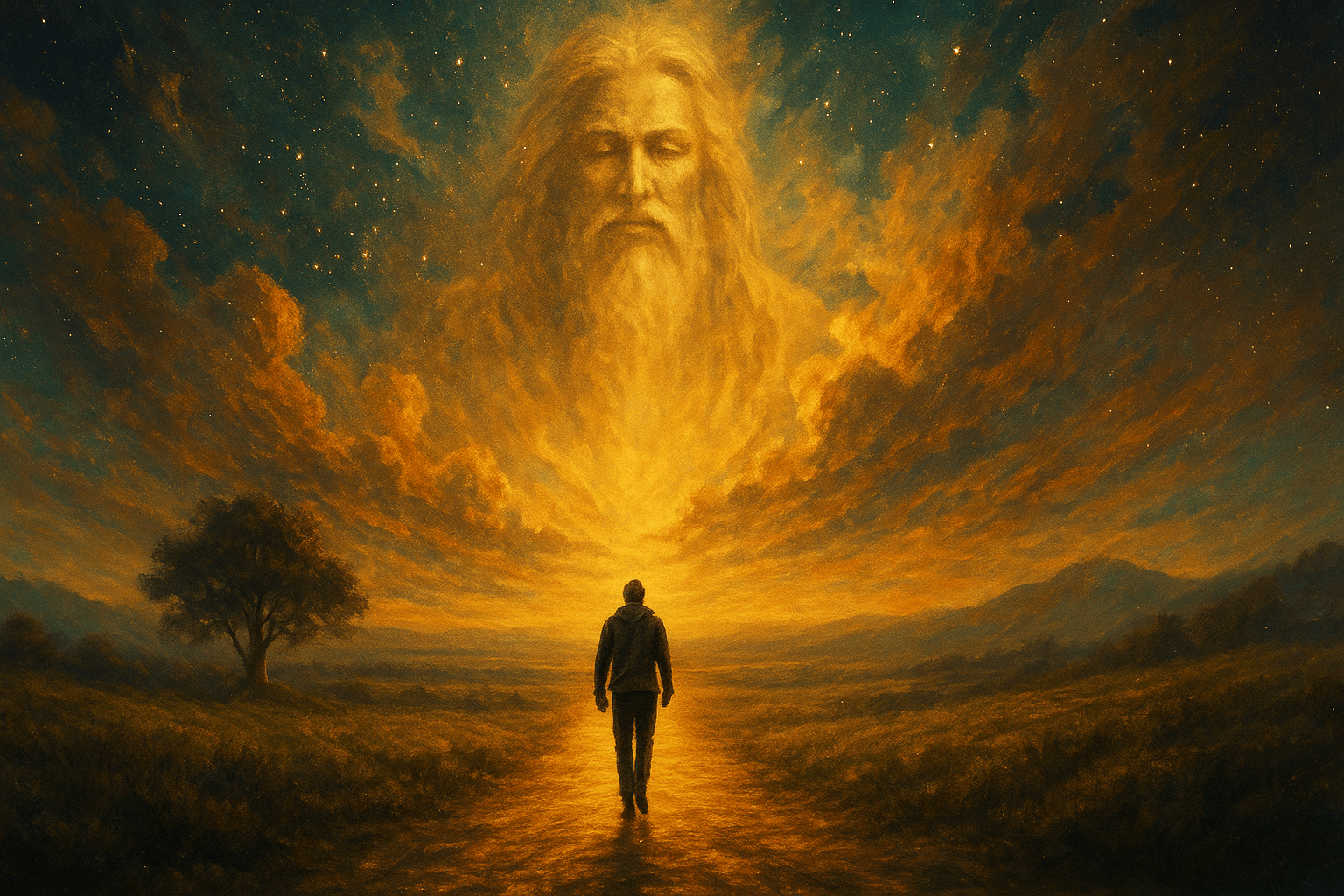 Tanrı’nın yüzünü simgeleyen göksel figür ve ona doğru yürüyen insan silueti