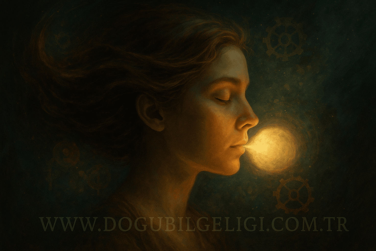 Nefes alma ritmiyle aydınlanan kadın yüzü; hafıza ve korkuyu temsil eden mistik, fantastik arka plan
