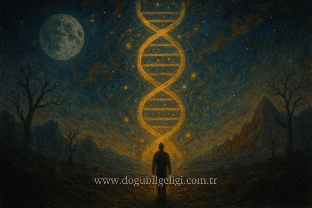 Gece manzarasında, bir kişi altın renkli dev bir DNA sarmalına bakıyor. Gökyüzünde yıldızlar ve dolunay var. Travmanın nesiller arası aktarımını simgeleyen fantastik bir sahne.