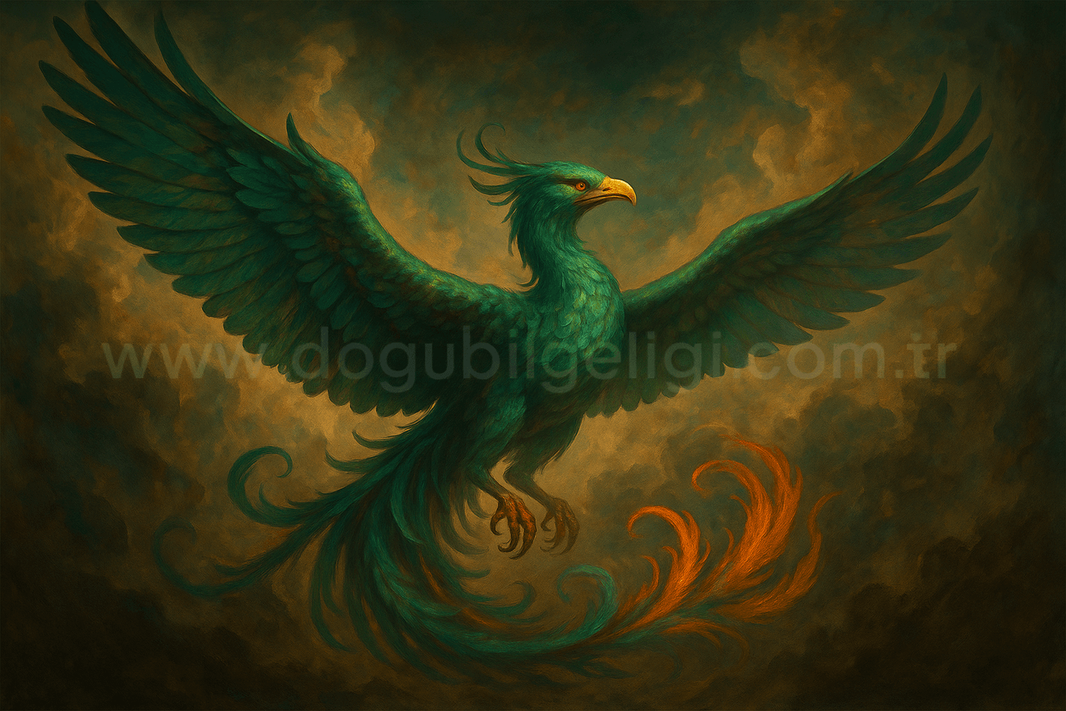 Zümrüdü Anka kuşu, altın tonlu fantastik bir gökyüzünde yeşil ve turuncu tüyleriyle süzülürken tasvir ediliyor; ortasında flu www.dogubilgeligi.com.tr yazısı yer alıyor.