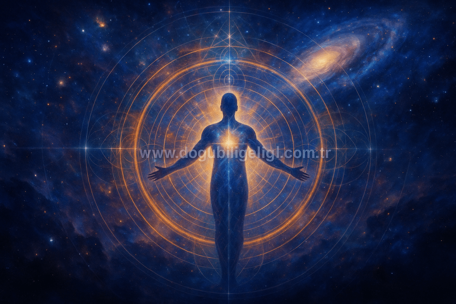 Kollarını açmış bir insanın kozmik ışıkla bütünleştiği mistik sahne