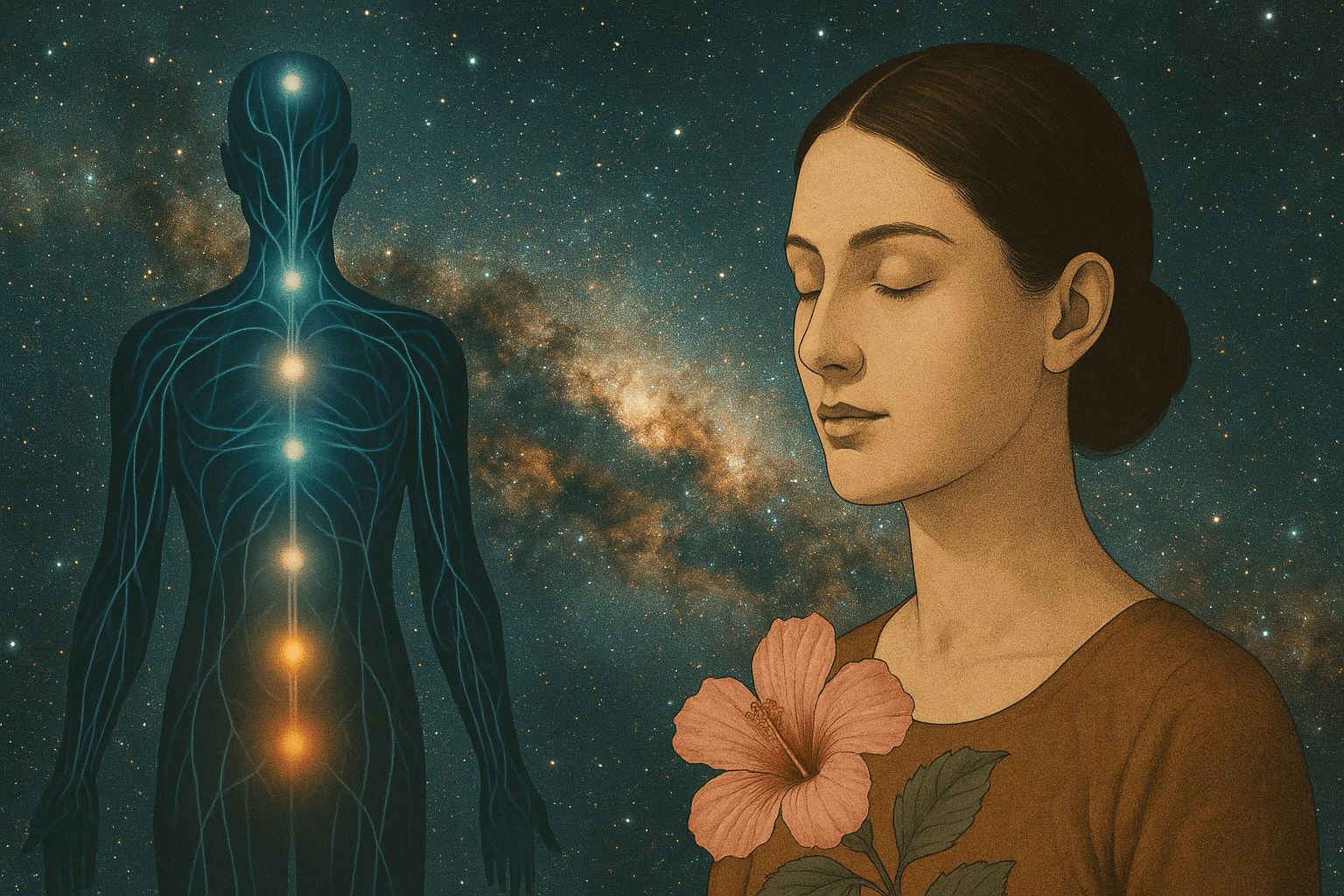 Bedenin bilgeliği – kozmik enerji ve içsel huzur temalı sürreal kolaj görseli