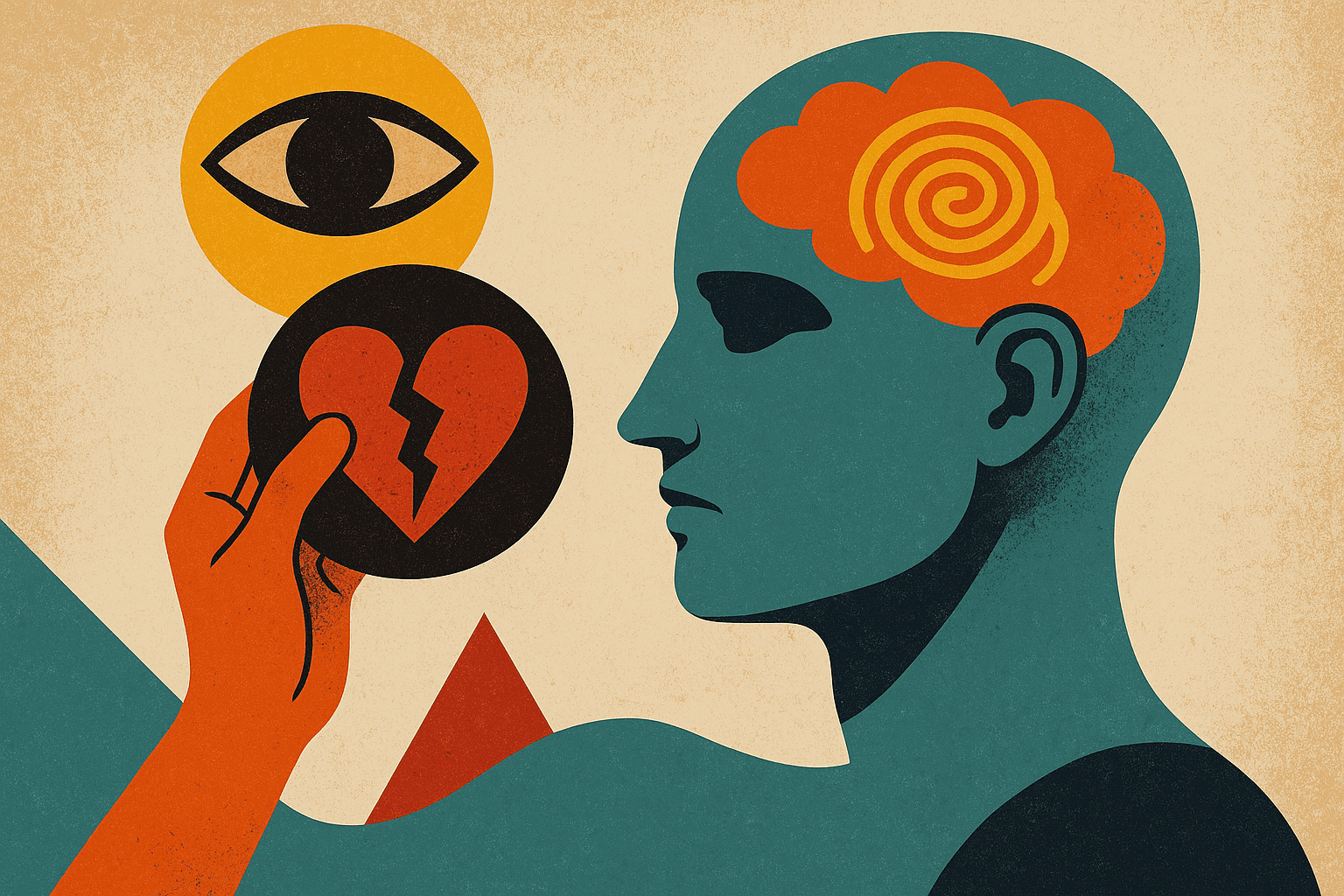 Duygular ve ego temalı sürreal kolaj; kırık kalp, spiral beyin ve göz sembolleriyle içsel çatışmayı anlatan illüstrasyon