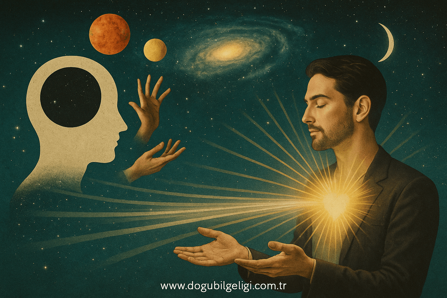 Egodan vermek ve sevgiden vermek temasını kozmik atmosferde yansıtan sürreal illüstrasyon