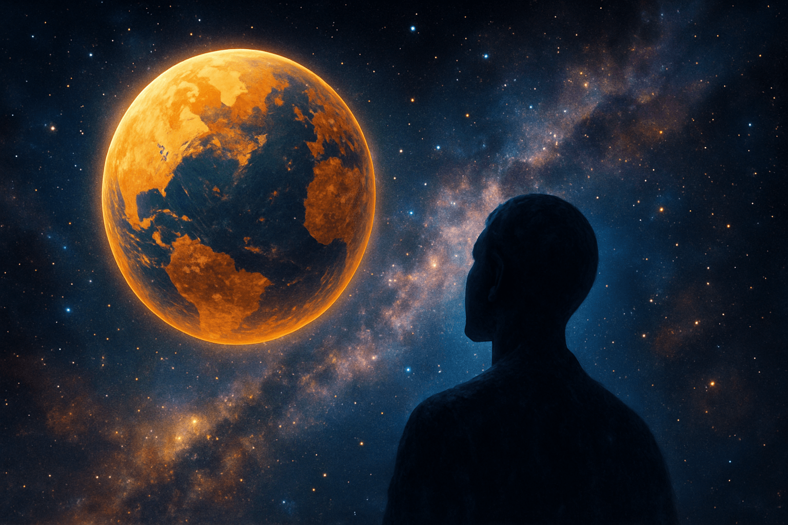 Ether elementiyle bilinçsel bağlantıyı simgeleyen kozmik atmosferli dijital kolaj