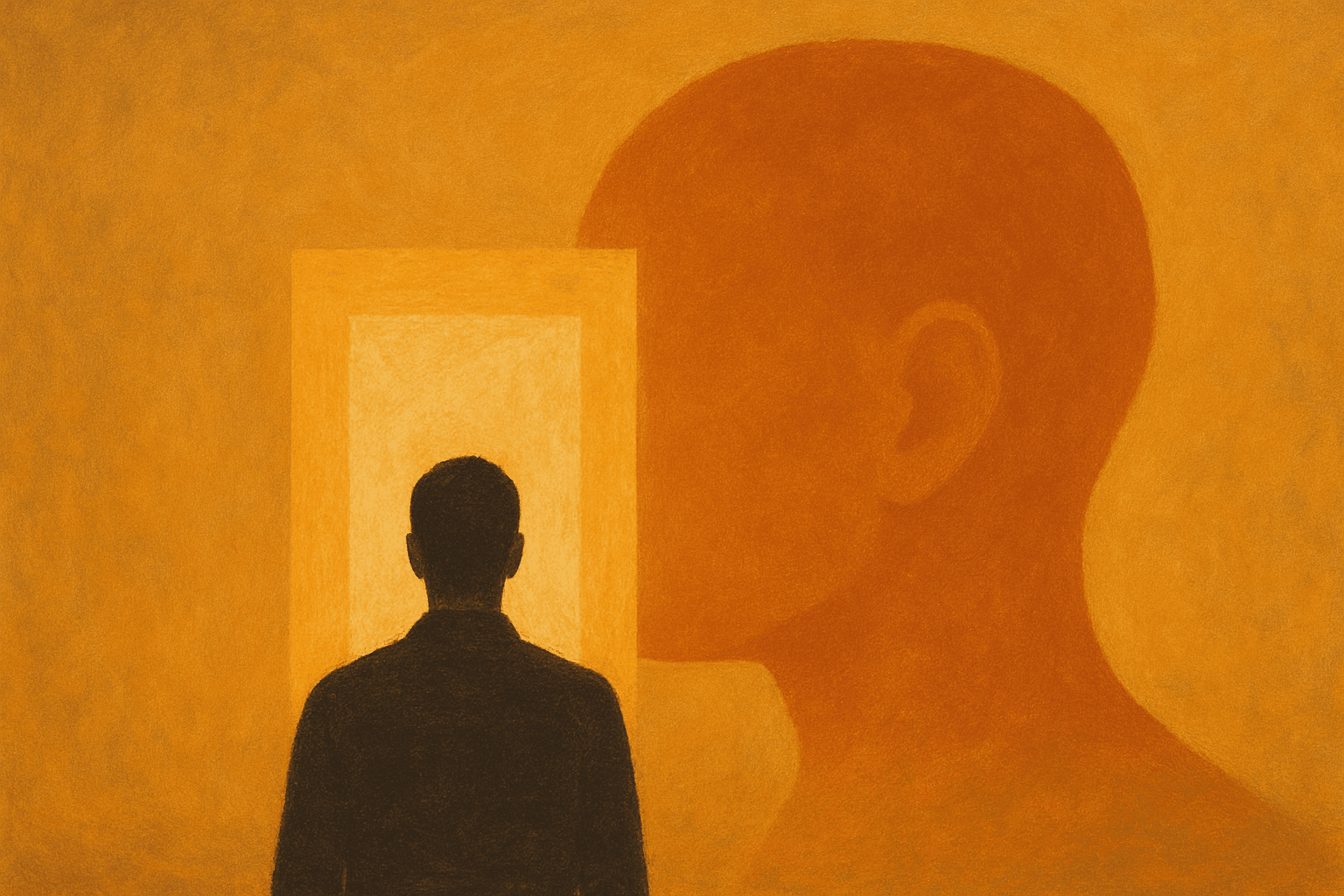 Gerçek benliği hatırlamak temasını yansıtan, ışıklı kapı önünde duran figür ve zihinsel siluet