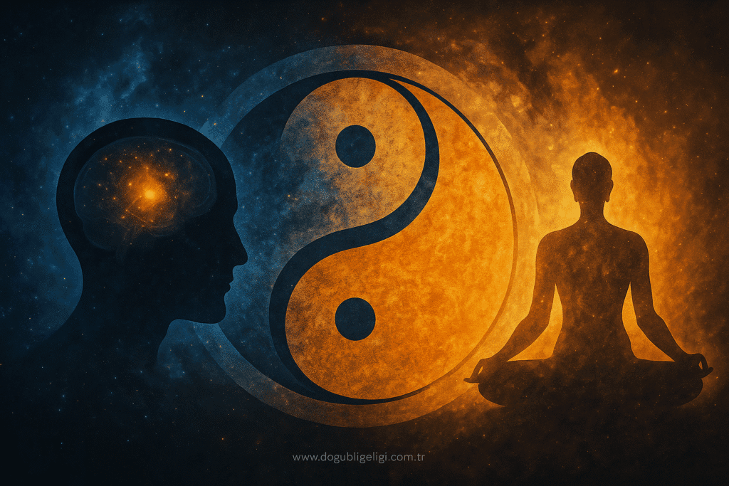 İkiyi bir etmek temalı sürreal kozmik görsel – Yin-Yang simgesi, zihin ve meditasyon figürüyle birlik bilinci