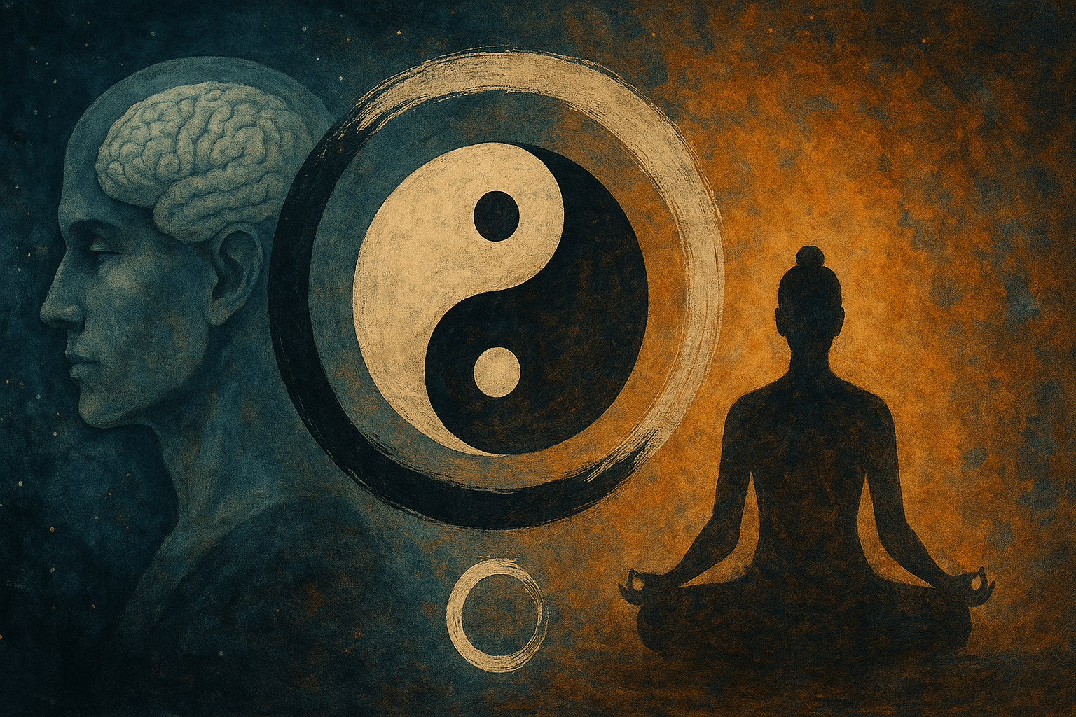 İkiyi bir etmek temalı yatay kozmik görsel – Yin-Yang, Enso çemberi, zihin ve meditasyon figürleriyle birlik teması