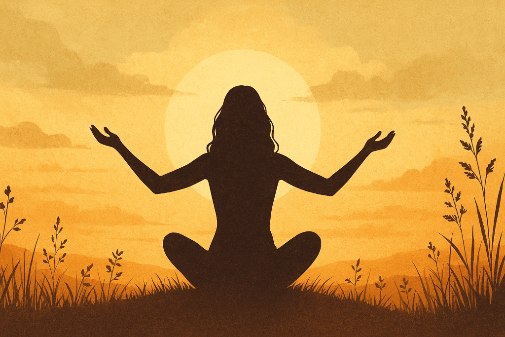 Mutluluğun anlamını yansıtan, doğada meditasyon yapan kadın silueti