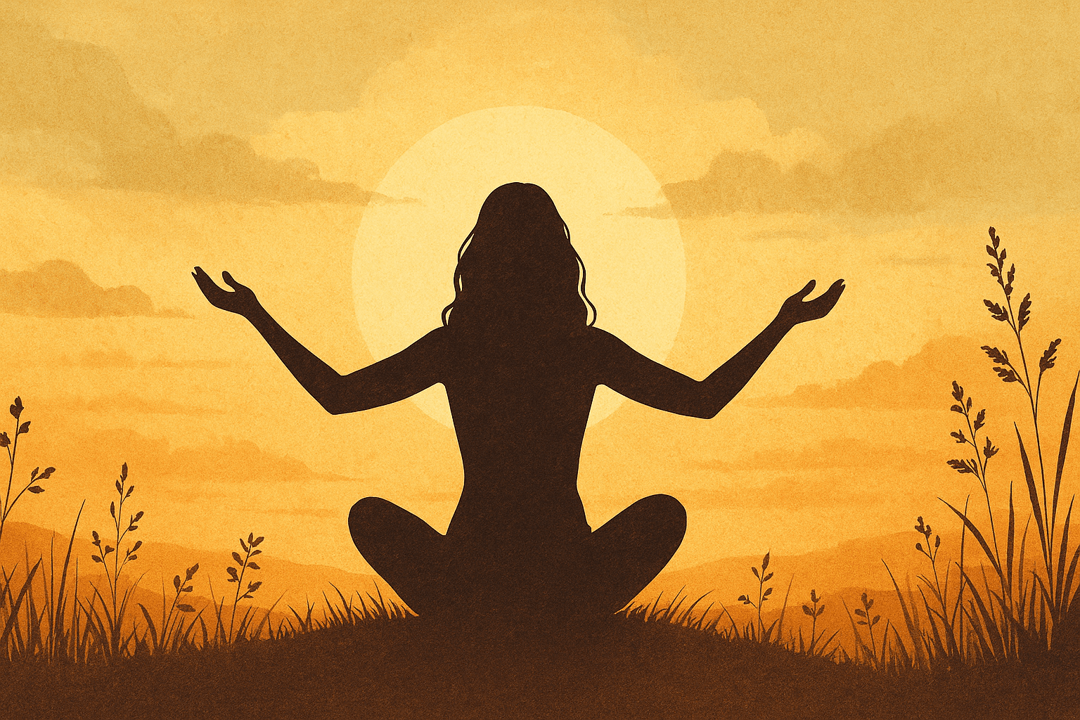 Mutluluğun anlamını yansıtan, doğada meditasyon yapan kadın silueti