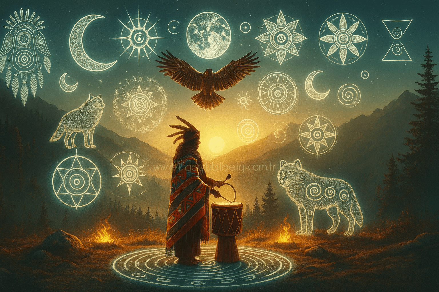 şamanik sembollerle çevrili dağlık alanda şaman ritüeli – şamanik semboller