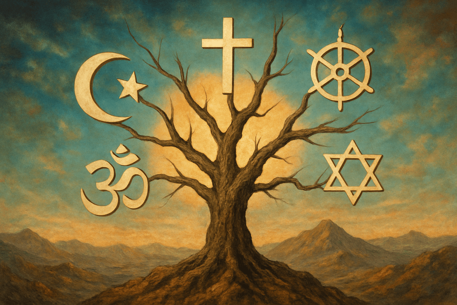 Farklı dinleri simgeleyen sembollerin bir ağacın dallarında yer aldığı sürreal kolaj görseli