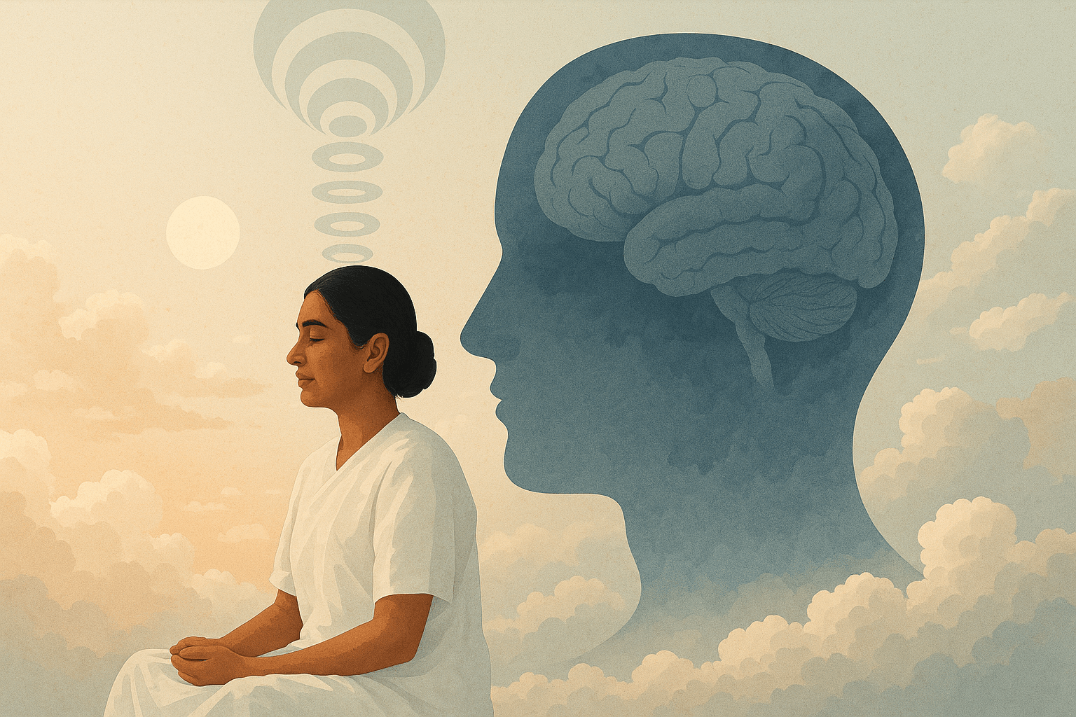 Zihinle barış içinde meditasyon yapan kadın ve arka planda sembolik beyin formu