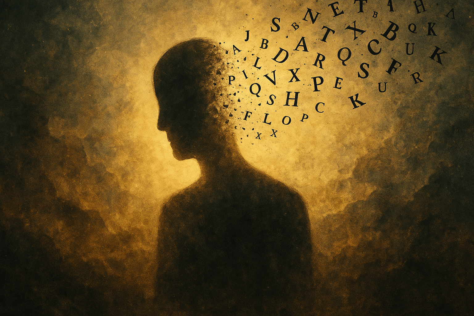 Benlik illüzyonu temalı, harfler arasında eriyen insan silueti, Eckhart Tolle’nin öğretilerine dair sürreal kolaj