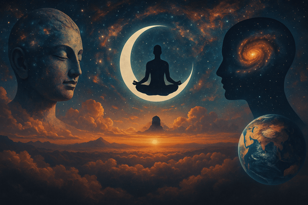 Dharma, karma ve reenkarnasyon temalı yazılı kozmik kolaj, meditasyon figürü, hilal ve galaksilerle birlikte.
