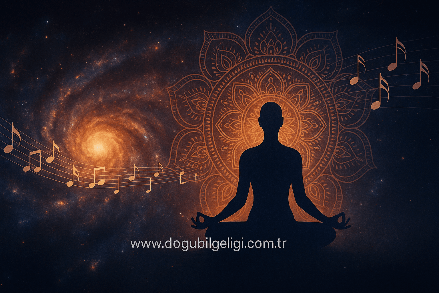 galaktik müzik görseli, spiral galaksi, mandala ve müzik notalarıyla evrensel frekansı temsil eden meditasyon sahnesi
