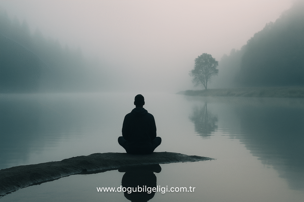 Bilinçli farkındalık ve anda kalma sanatını anlatan meditatif göl manzarası.