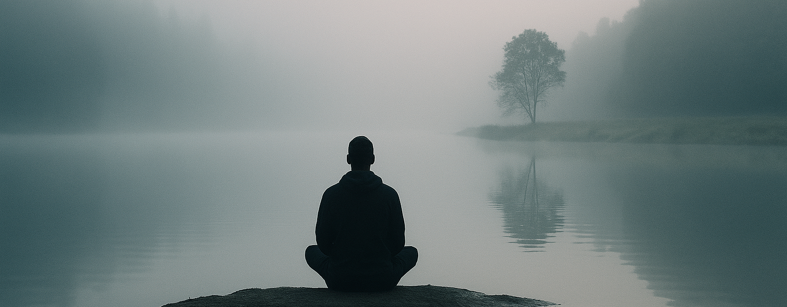 Bilinçli farkındalık ve anda kalma sanatını anlatan meditatif göl manzarası.