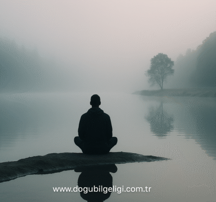 Bilinçli farkındalık ve anda kalma sanatını anlatan meditatif göl manzarası.