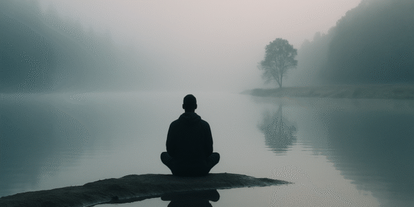 Bilinçli farkındalık ve anda kalma sanatını anlatan meditatif göl manzarası.