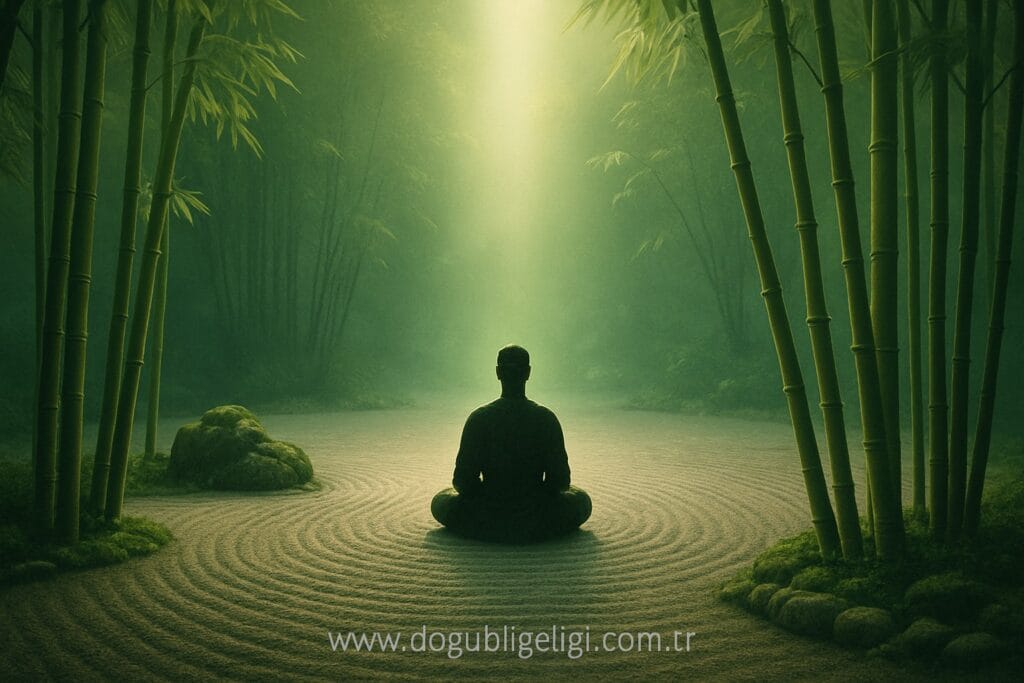 şimdiki anın sırları temasında Zen bahçesinde meditasyon yapan figür