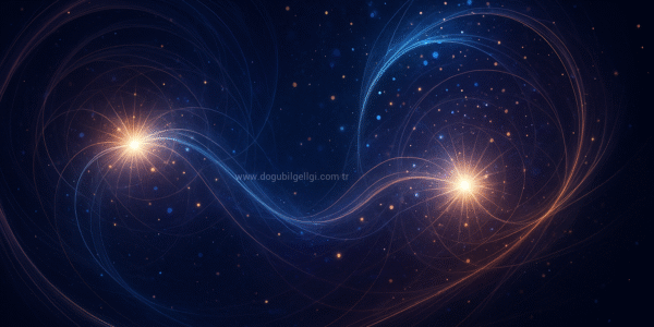 Işık ve zamanın ötesinde kuantum dolaşıklık ve ruhsal bağların sembolik temsili.