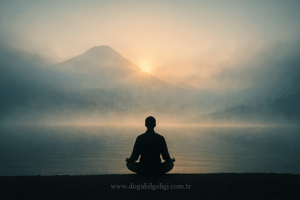 Sessizliğin şifası ve içsel dengeyi temsil eden Zen oturuşunda meditasyon yapan figür – sisli dağlar ve sabah ışığı eşliğinde