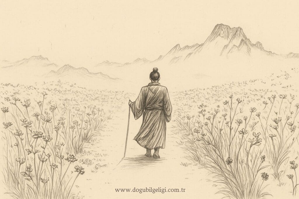 Taoizm ve Zen temalı sepya illüstrasyon; dağlara doğru yürüyen bilge, yaban çiçekleri ve alt ortada www.dogubilgeligi.com.tr.