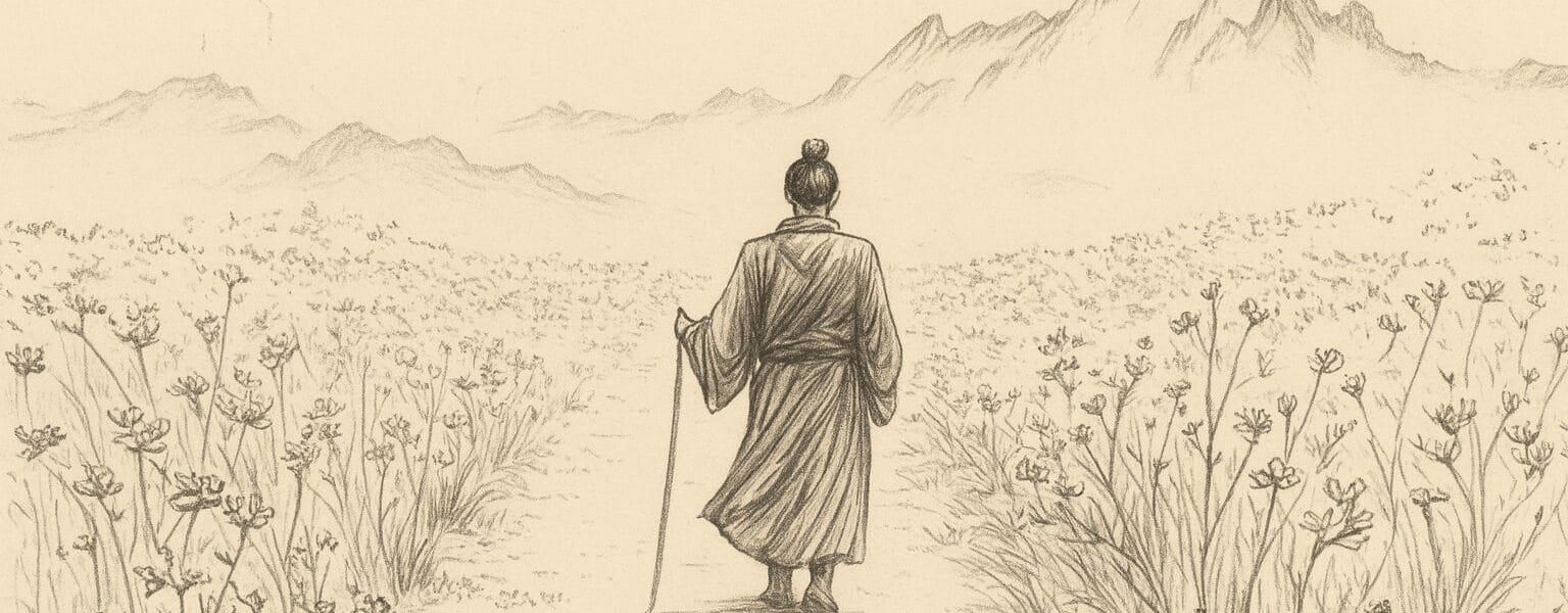 Taoizm ve Zen temalı sepya illüstrasyon; dağlara doğru yürüyen bilge, yaban çiçekleri ve alt ortada www.dogubilgeligi.com.tr.