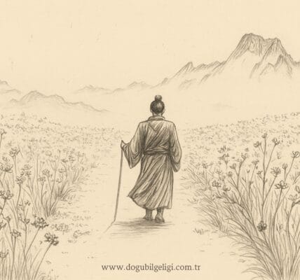 Taoizm ve Zen temalı sepya illüstrasyon; dağlara doğru yürüyen bilge, yaban çiçekleri ve alt ortada www.dogubilgeligi.com.tr.