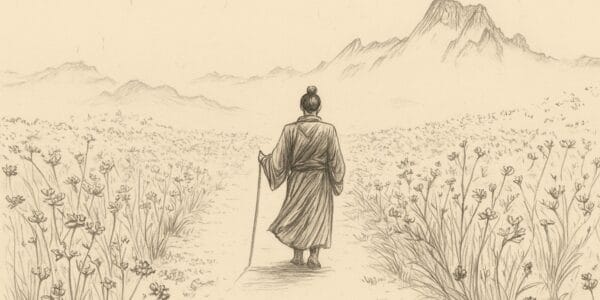 Taoizm ve Zen temalı sepya illüstrasyon; dağlara doğru yürüyen bilge, yaban çiçekleri ve alt ortada www.dogubilgeligi.com.tr.