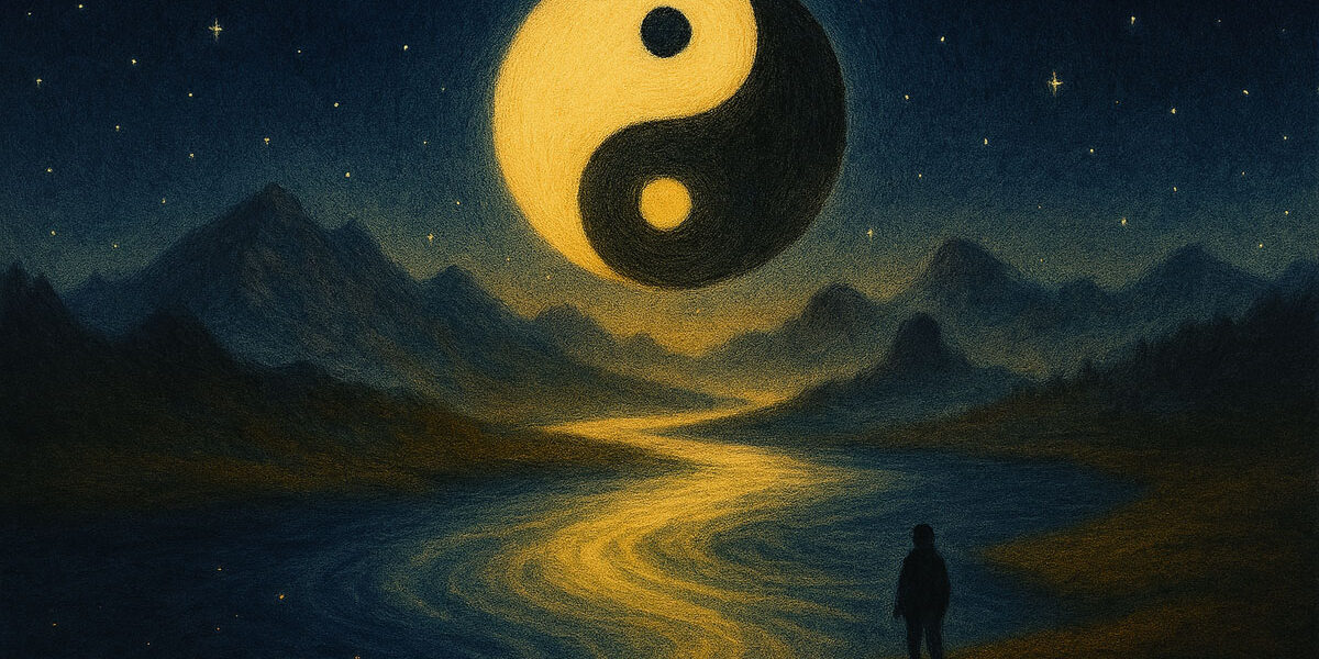 Taoizm ve Yin-Yang sembolü (Yin-Yang symbol) ile doğa uyumu – Taoist felsefede evrensel dengeyi simgeleyen görsel.