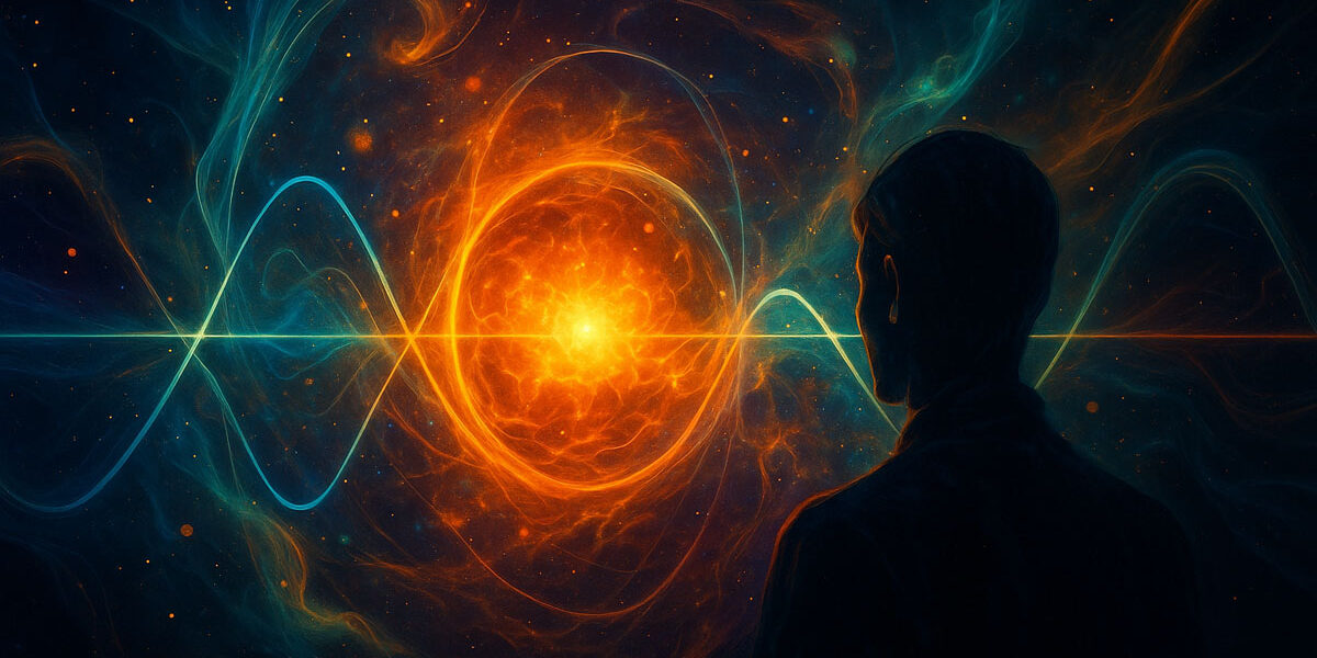 Dalga fonksiyonu (wave function) gözlemci etkisiyle çöken kuantum ölçüm problemi – bilinç ve gerçeklik ilişkisini simgeleyen sürrealist görsel.