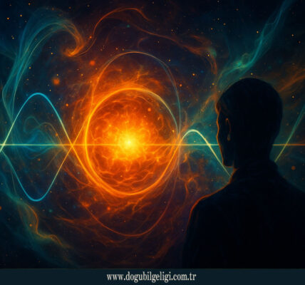 Dalga fonksiyonu (wave function) gözlemci etkisiyle çöken kuantum ölçüm problemi – bilinç ve gerçeklik ilişkisini simgeleyen sürrealist görsel.