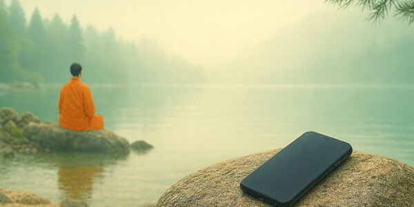 Dijital sessizlik ve Zen boşluğu – göl kıyısında oturan Zen keşişi ve sessizliğe bırakılmış kapalı telefon