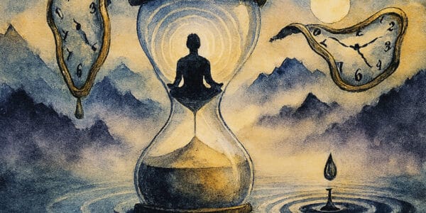 Doğu Bilgeliği: Meditasyon ve Zihnin Sessizliği kapak görseli – kum saatinde lotus pozunda meditasyon yapan figür, eriyen saatler, ay ışığı ve su damlası ile sürreel kolaj.