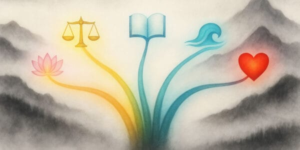 Doğu Bilgeliği Eastern Wisdom serisi beş yol Zen sürreel illüstrasyon – meditasyon, erdem, bilgi, doğa ve merhamet yollarını simgeleyen semboller ile site bannerı.