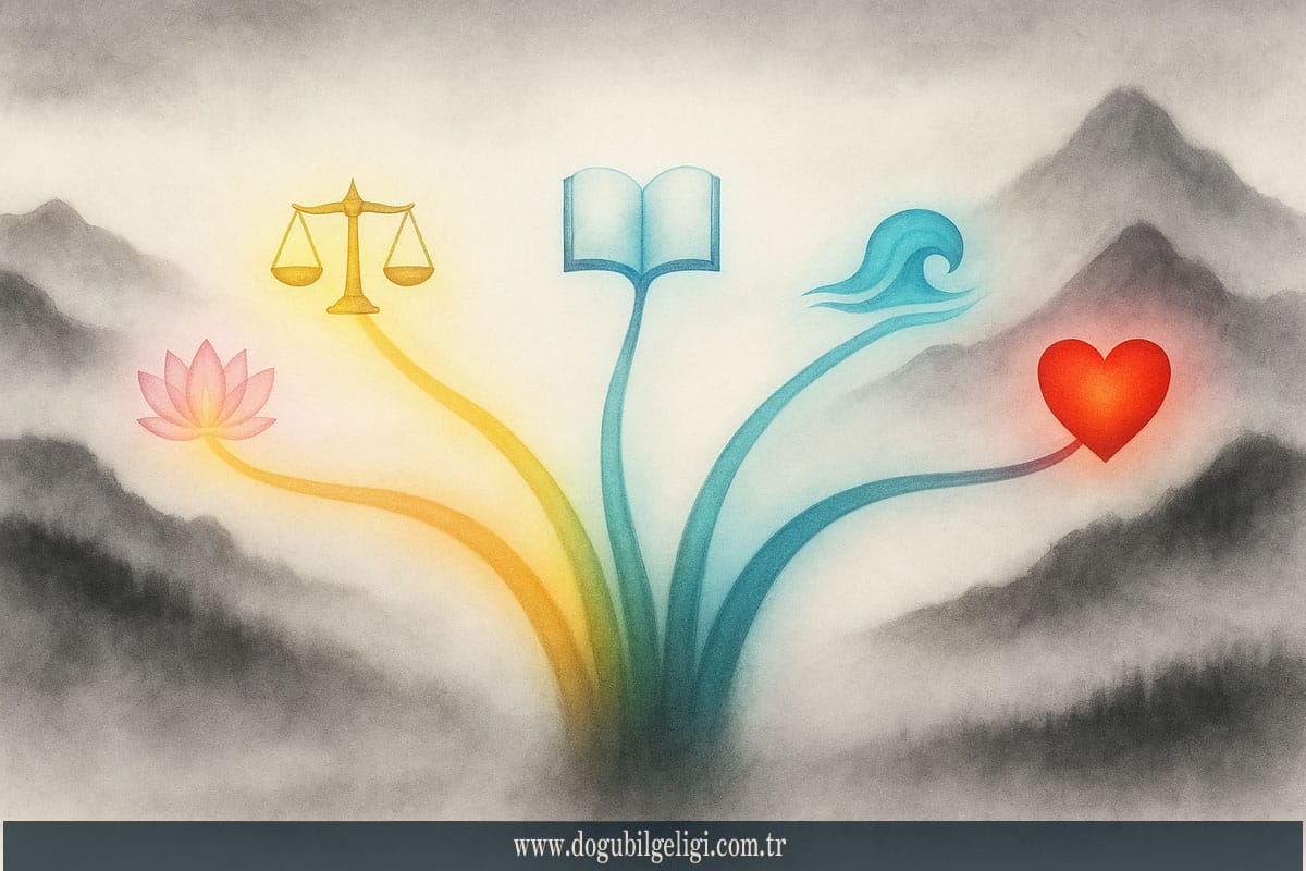 Doğu Bilgeliği Eastern Wisdom serisi beş yol Zen sürreel illüstrasyon – meditasyon, erdem, bilgi, doğa ve merhamet yollarını simgeleyen semboller ile site bannerı.