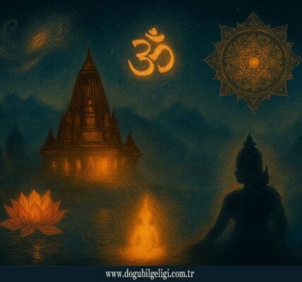 Hinduizm (Hinduism) kadim bilgeliği simgeleyen tapınak, Om sembolü, lotus ve mandala ile ruhsal özgürleşme yolunu anlatan görsel.