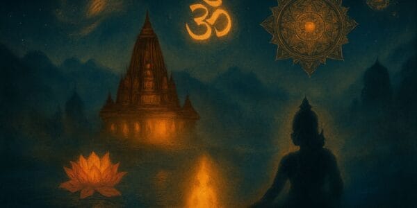 Hinduizm (Hinduism) kadim bilgeliği simgeleyen tapınak, Om sembolü, lotus ve mandala ile ruhsal özgürleşme yolunu anlatan görsel.