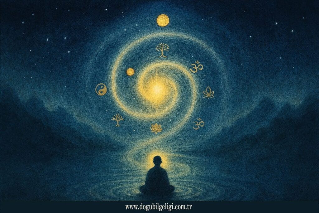 Kadim Öğretiler (Ancient Teachings) – İnsanlığın bilgelik mirasını temsil eden spiral ışık yolu ve etrafında sembollerle mistik yolculuk.