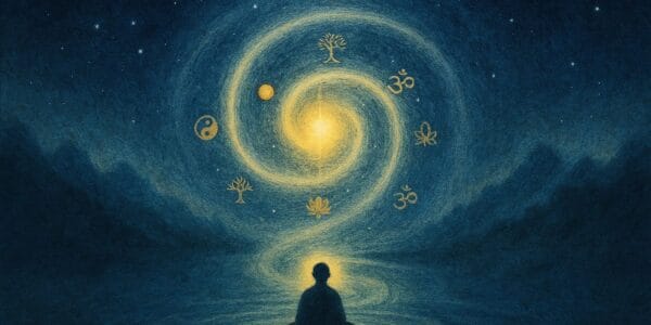 Kadim Öğretiler (Ancient Teachings) – İnsanlığın bilgelik mirasını temsil eden spiral ışık yolu ve etrafında sembollerle mistik yolculuk.