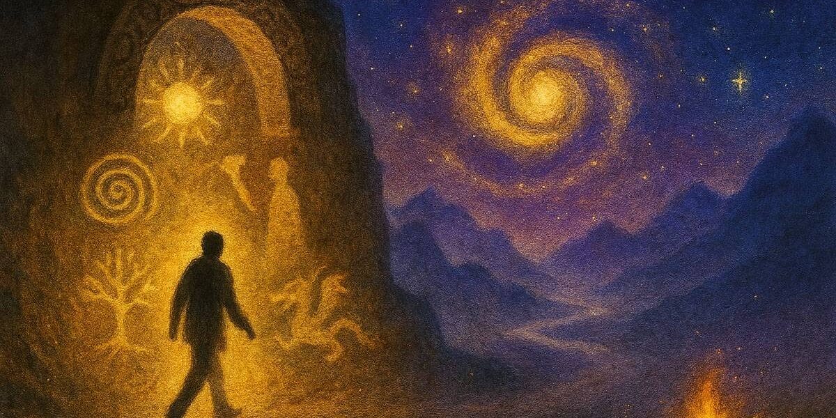 Kahramanın Yolculuğu (Hero’s Journey) – eşiği geçerek bilinmeyene adım atan kahraman figürü, kadim semboller, spiral galaksi ve mistik gece manzarası